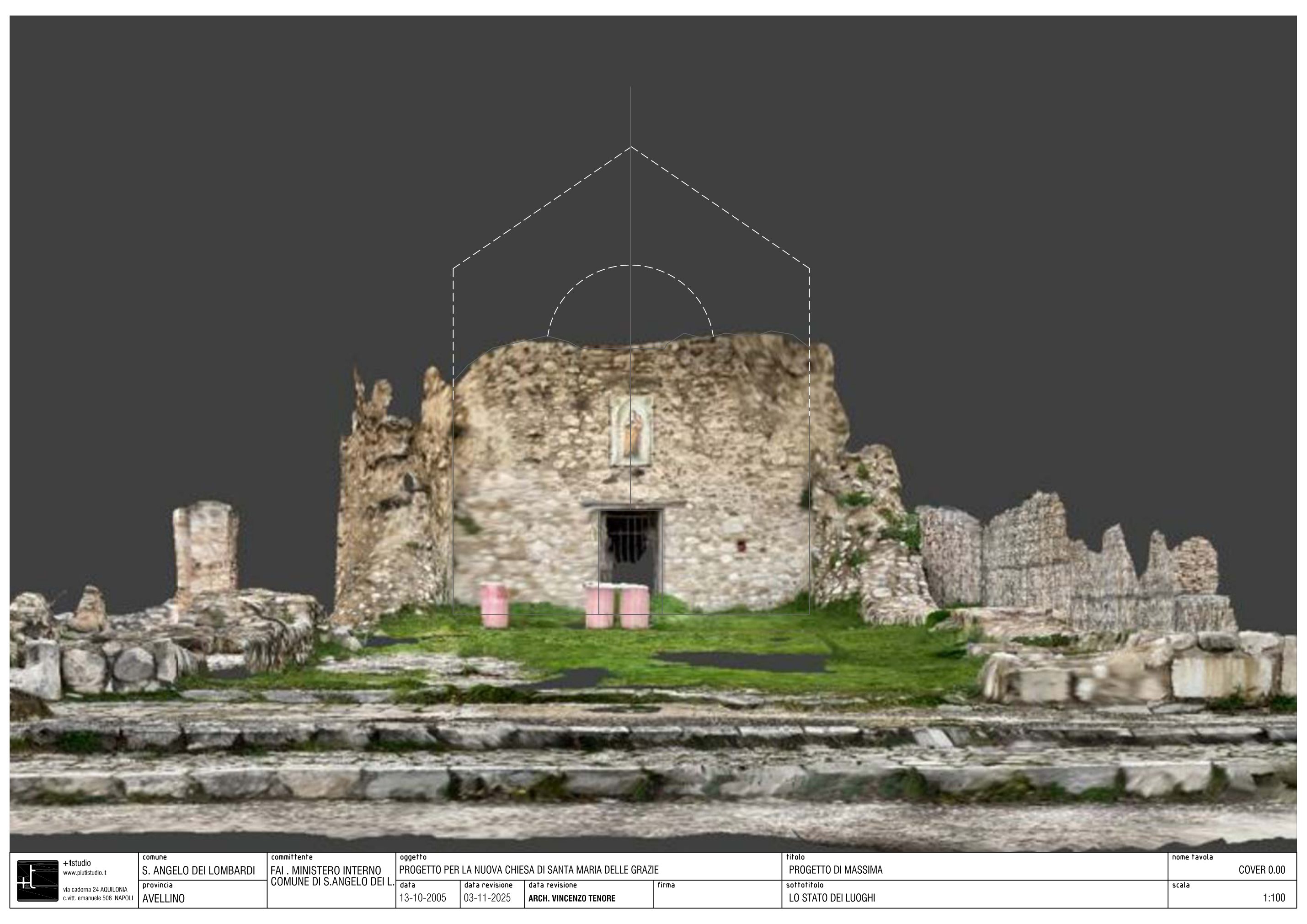 Tavola di copertina: rilievo fotogrammetrico del fronte della chiesa allo stato attuale, con il profilo del volume originario tratteggiato