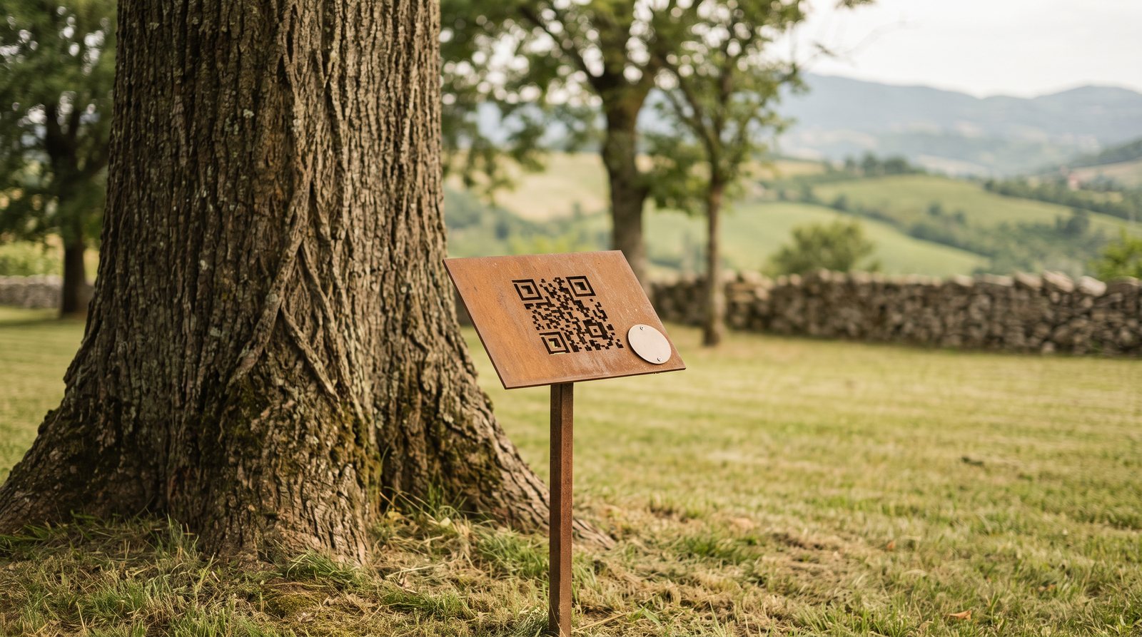 Simulazione della targhetta di progetto: piastra in acciaio corten inclinata, con codice a lettura ottica e disco NFC, infissa nel prato accanto al tronco di un albero del parco