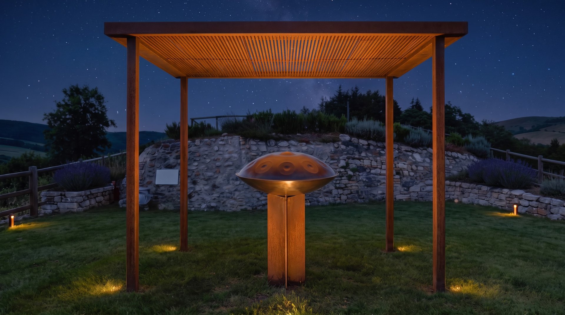 Simulazione notturna dell'installazione sonora: la pergola e la stele in corten con l'handpan illuminati da luce ambra dal basso, sotto un cielo stellato