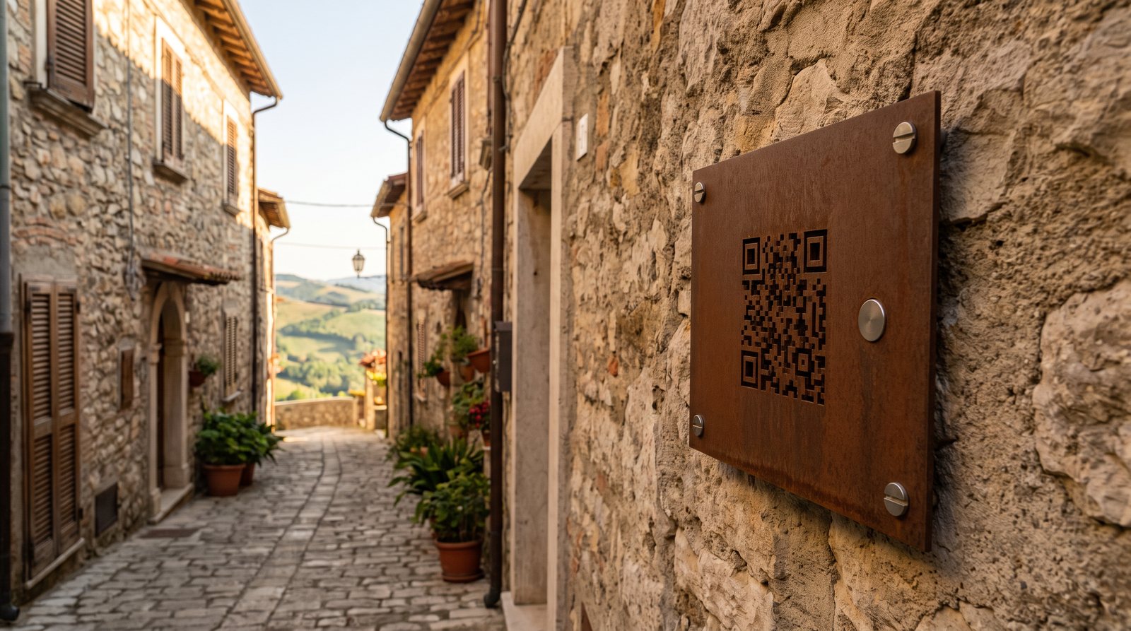 Simulazione di un punto di accesso informativo: piastra in acciaio corten con codice ottico e disco NFC fissata sul muro in pietra di un vicolo del centro storico