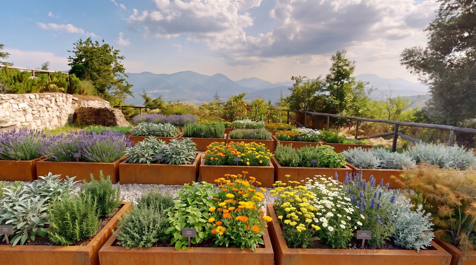 Rendering di progetto sulla stessa inquadratura: i cassoni rifatti in acciaio corten, piantumati con lavanda, salvia, calendula, achillea e camomilla in piena fioritura