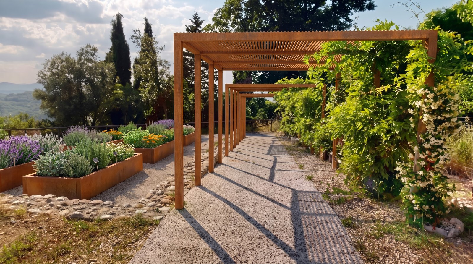 Rendering di progetto sulla stessa inquadratura: il pergolato ricostruito in acciaio corten a doghe fitte, con i rampicanti esistenti e i cassoni in corten piantumati sulla sinistra